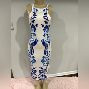 Dress size small women maxi blue birds floral print boho side slit new